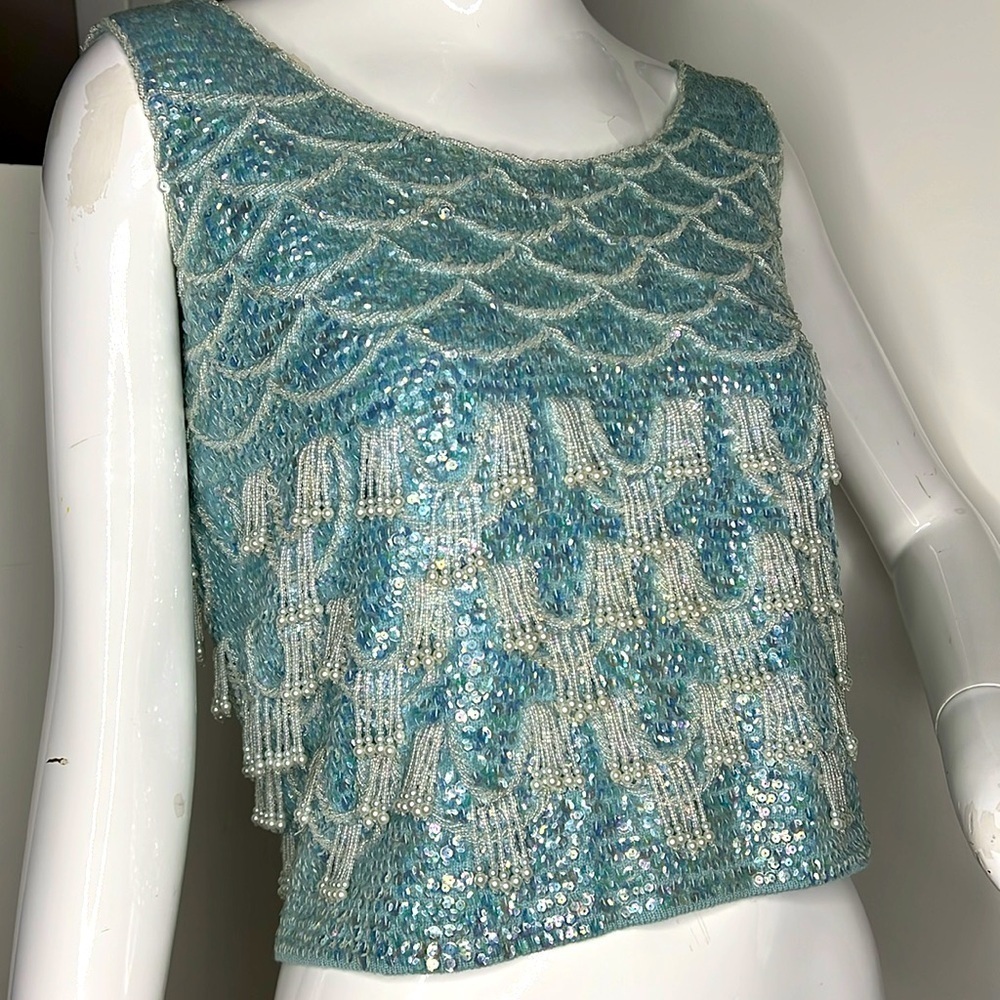 Hong Kong Craft Inc Sz 36 Blue Sequins Pearls Back Zip Wool Tank Top 60’s Blouse